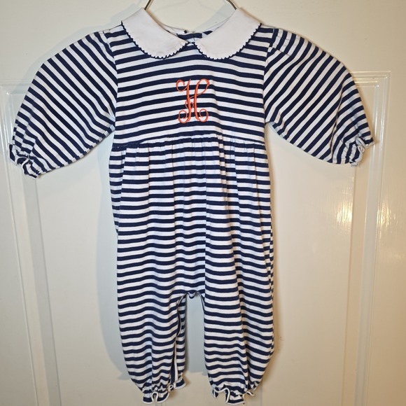 emma blake Other - Emma Blake Smocks Size 9 Mo Blue & White Striped Romper, Orange Embroidered "H"